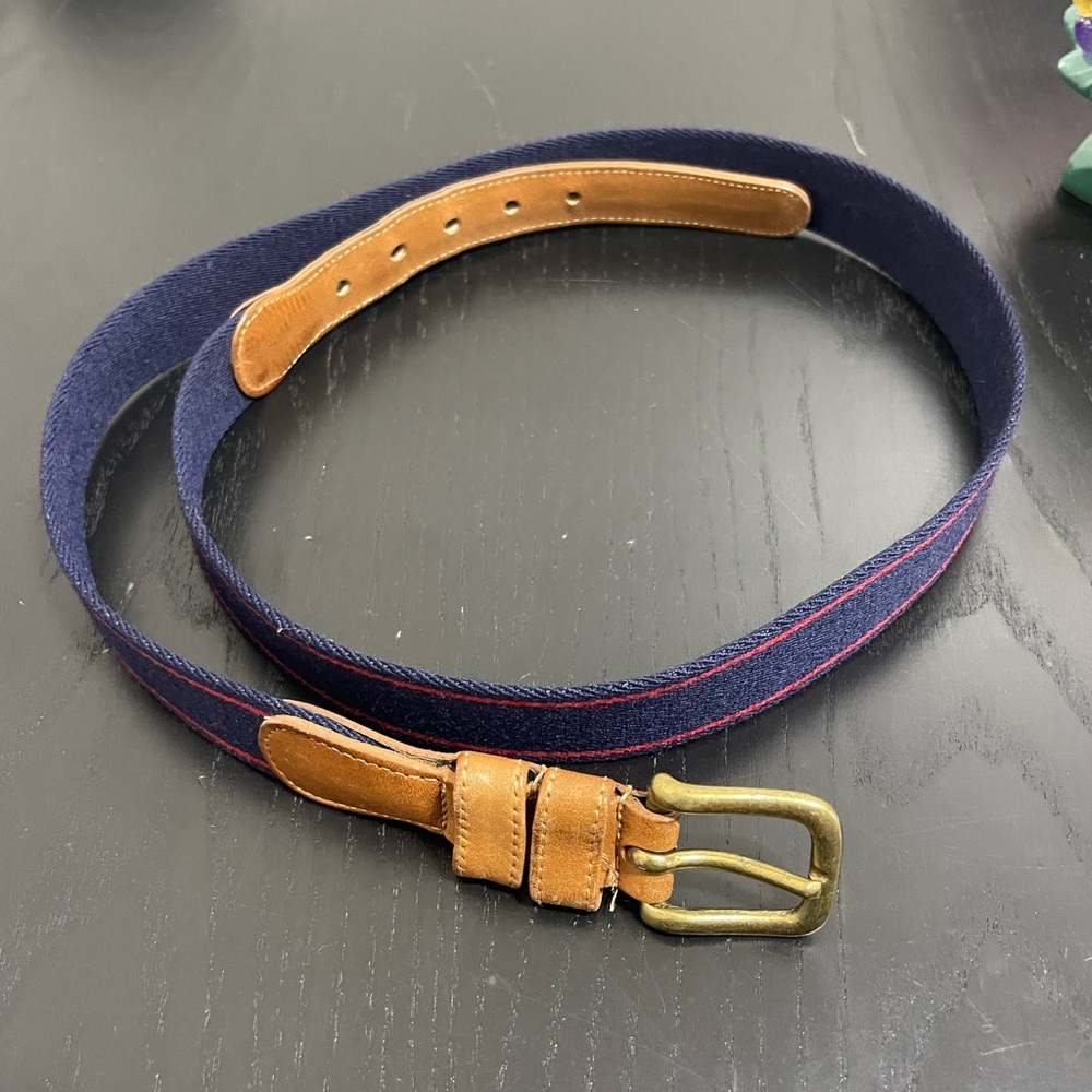 Coach Belt Womens Size 40 Wool Canvas Striped Leather Brass Buckle Blue Red EUC